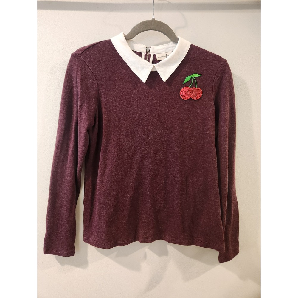 Maison Jules Burgundy Collar Sweater Schoolgirl‎ Sequin Cherries Knit Top Size M